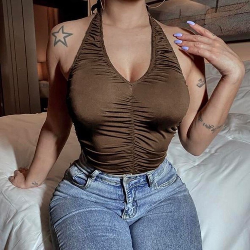 BROWN HALTER WRAP TOP